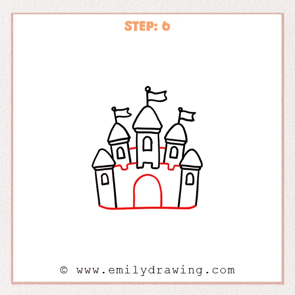 how to draw a cartoon castle - The cartoon castle now has a wide curved wall connecting the front towers, a large arched gate in the center, and small battlement notches linking the towers to the middle.